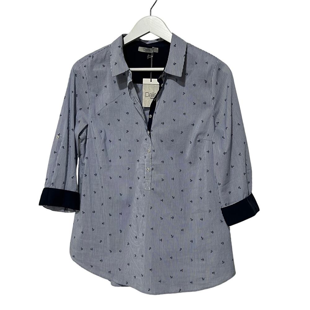 Dalia Top Womens Medium Popover Striped 3/4 Roll Tab Sleeve Anchor Print Navy
